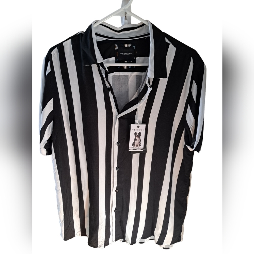 DENIM & FLOWER Ricky Singh Black White wide striped short sleeve shirt *flaw L